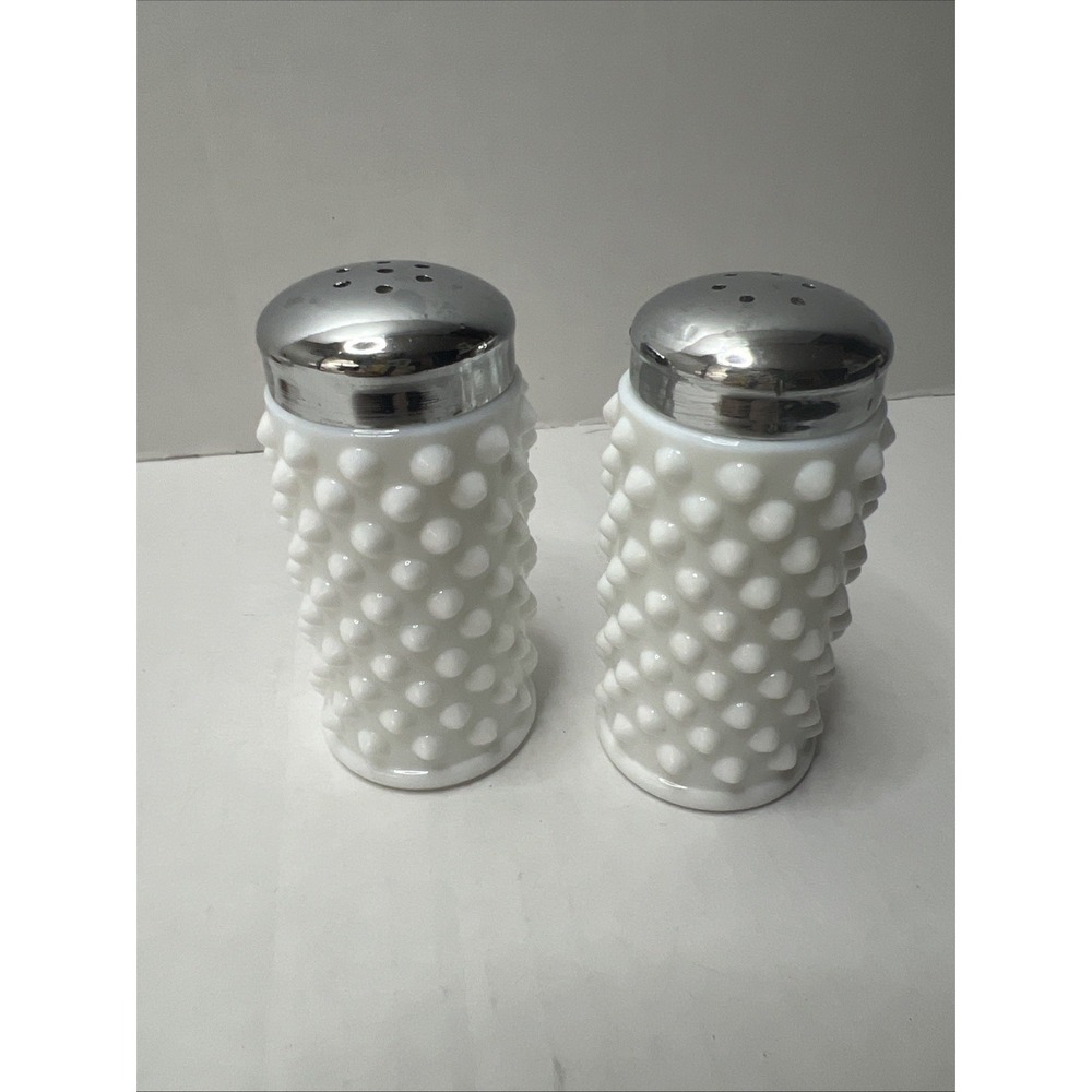Vtg Fenton White Milk Glass Hobnail 3" Salt & Pepper Shakers Silver Chrome Lids